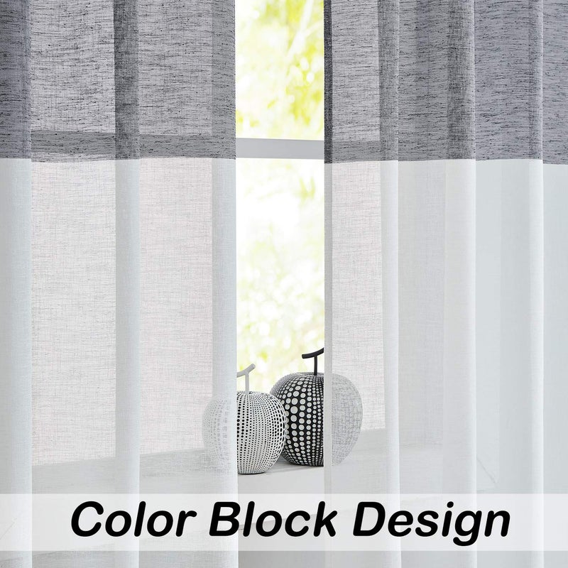 Central Park Black and White Stripe Sheer Color Block Window Curtain Panel Linen Drape Treatment for Bedroom Living Room Farmhouse 84 inches Long with Rod Pocket,2 Panel Rustic Living Panels - Image 3